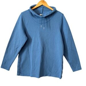 LL Bean Women XL Quilted Funnel Neck Pullover Sweatshirt Blue Side Snap Coastal